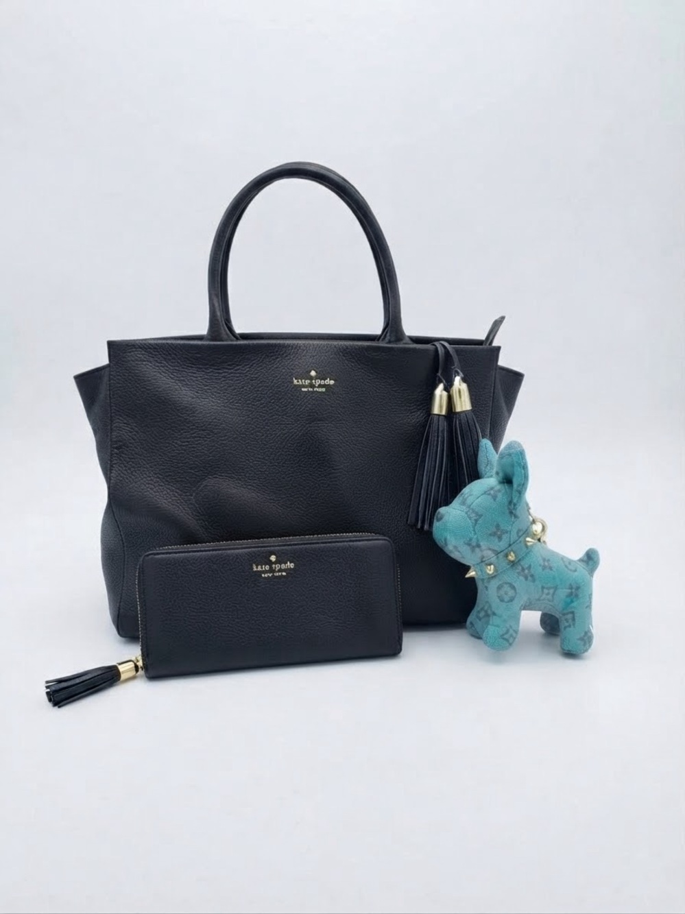 EUC Kate Spade Black Leather Satchel w Wallet, Unbranded Dustbag & Frenchie Char